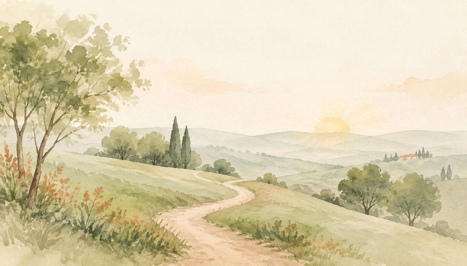 A winding path through gentle green hills at dawn